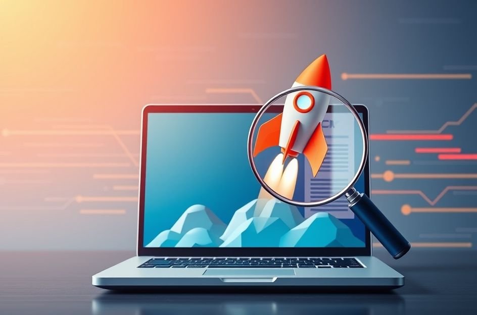 rocket taking off from a laptop screen, with a magnifying glass hovering over the screen showing fast-loading web pages.